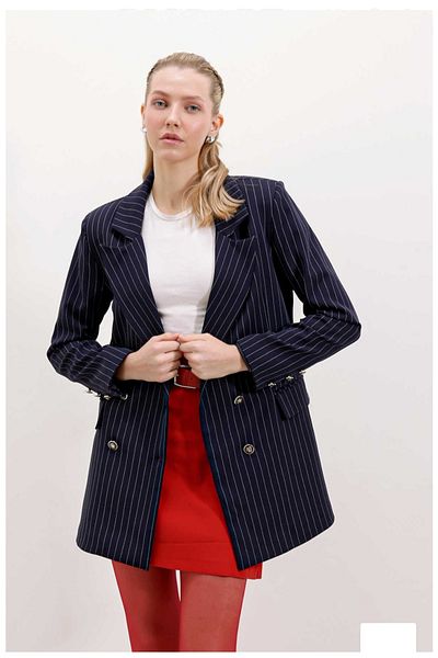 GÜZELLER Oversize Mold Tie Collar Striped Blazer Jacket with Metal Buttons
