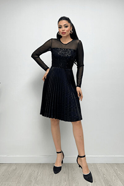 giyimmasalı Üst Payet Alt Pliseli Midi Elbise - SİYAH