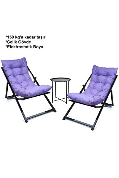 HUNDEMİR Minderli - Yums Şezlong Seti Katlanır Ikili Set - 2 Şezlong 1 Sehpa