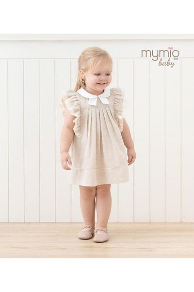 Mymio 6-24 Months Beige Cotton Stylish Birthday Baby Girl Dress