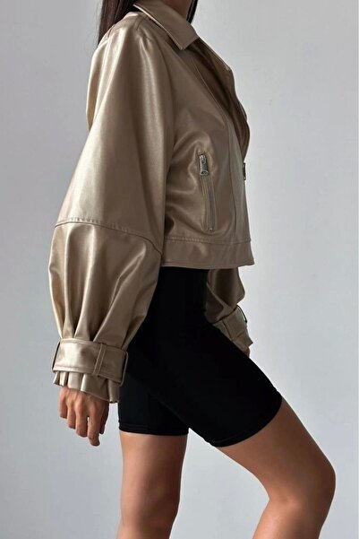 Eka Jachetă de piele oversize de damă bej 0991-9999