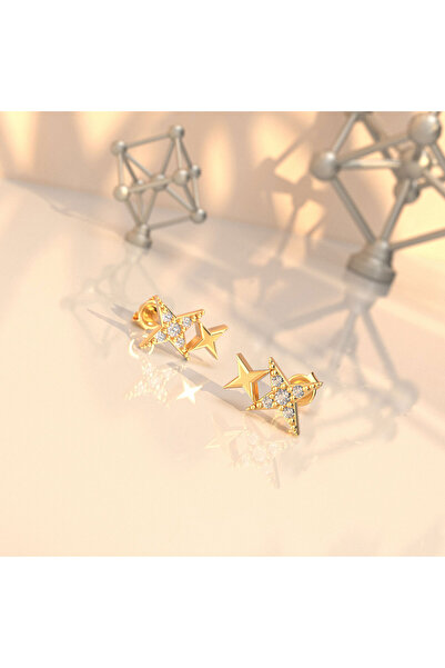 İNDİGO TAKI Minik Ikili Yıldız Altın Kaplama Gümüş Küpe