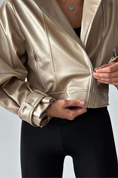 Eka Jachetă de piele oversize de damă bej 0991-9999