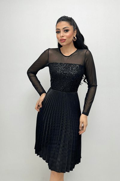 giyimmasalı Top Sequin Bottom Pleated Midi Dress - BLACK