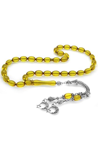 Tesbihane Non-Tarnish Metal Crescent Star Tasseled Barley Cut Transparent Yellow Fire Amber Prayer Beads