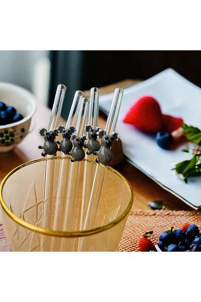 nazarboncuğu Glass Transparent 6-Piece Kuala Figured Drinking Straw Set