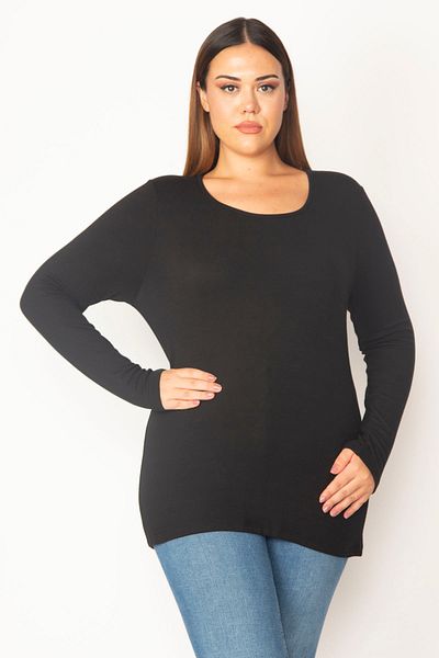 Şans Women's Plus Size Black Cotton Fabric Crew Neck Long Sleeve Blouse 65N37715