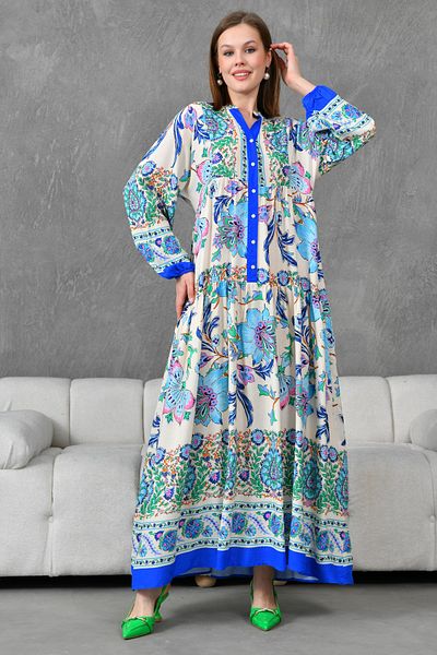 bayansepeti Rochie de vară cu croială evazată pentru femei, cu imprimeu floral, cu închidere cu nasturi, guler predominant, mâneci cu balon, lungime midi, 2243