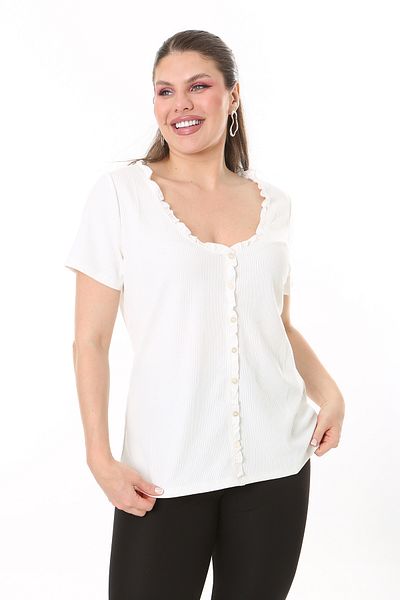 Şans Women's Large Size Bone Front Ornamental Button and Collar Ruffle Detailed Short Sleeve Blouse 65N37707