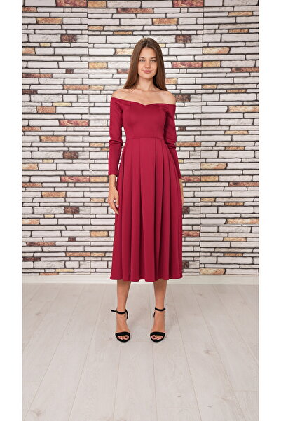 Styling Park Omuz Dekolte Midi Boy Uzun Kollu Elbise Mezuniyet Davet Balo Özel Gün