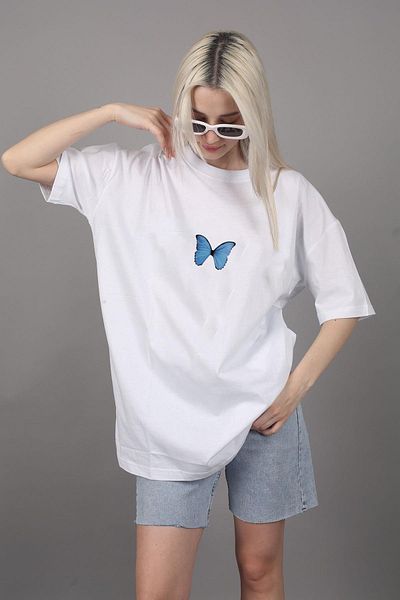 LOTS MODA COPY - T-shirt Blue Butterfly Printed Cotton Crew Neck Oversize