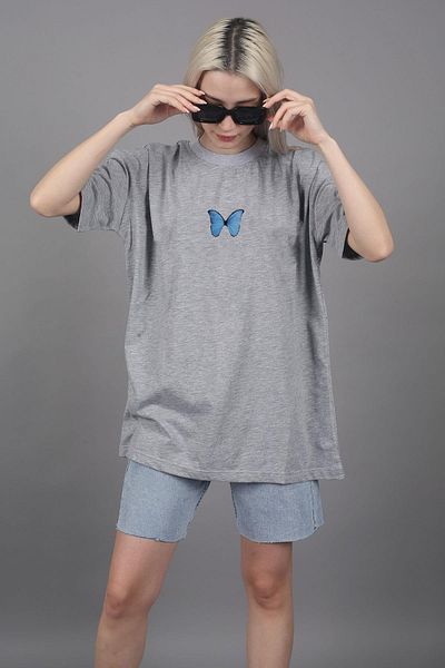 LOTS MODA T-shirt Blue Butterfly Printed Cotton Crew Neck Oversize
