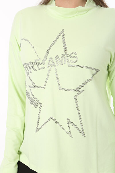 Şans Women's Plus Size Green Zero Collar Stone Detailed Long Sleeve Blouse 65N37708