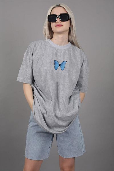 LOTS MODA T-shirt Blue Butterfly Printed Cotton Crew Neck Oversize