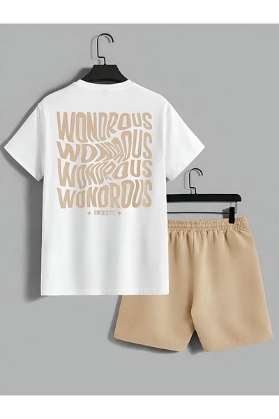trendgar Set unisex cu pantaloni scurți bej cu imprimeu minunat de jos de sus