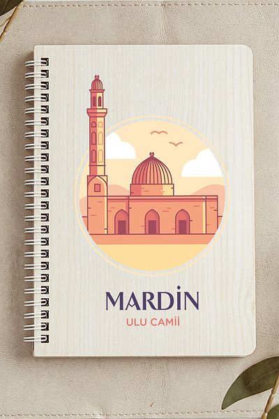 SaltanArt دفتر ملاحظات بتصميم المدينة من Mardin Ulu Mosque مع غطاء خشبي من ورق الكرافت هدية بتصميم خاص