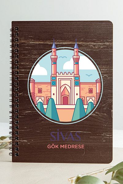 SaltanArt Sivas Gök Madrasah City Design Caiet de copertă din lemn Hârtie Kraft Design special Cadou
