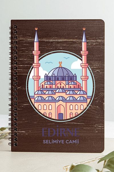 SaltanArt Moscheea Edirne Selimiye City Design Caiet cu copertă din lemn Hârtie Kraft Design special Cadou