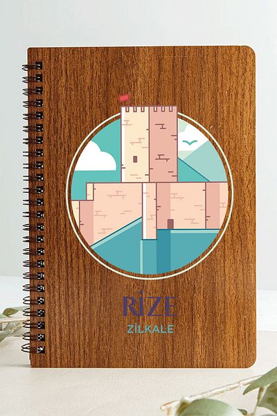 SaltanArt Rize Zilkale City Design Ξύλινο Κάλυμμα Σημειωματάριο Χαρτί Kraft Ειδικού Σχεδιασμού Δώρο