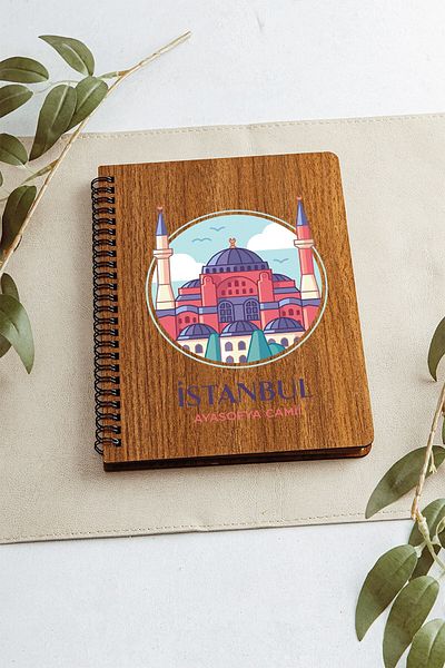 SaltanArt Moscheea Hagia Sofia din Istanbul Designul orașului Caiet cu copertă din lemn Hârtie Kraft Cadou cu design special