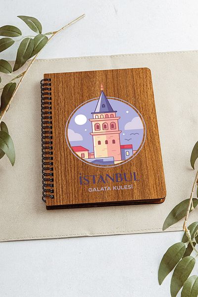 SaltanArt Istanbul Galata Tower City Design Caiet din lemn de copertă Hârtie Kraft Cadou cu design special