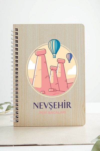 SaltanArt Nevsehir Peribakalar City Design Caiet din lemn cu copertă din hârtie Kraft Cadou cu design special