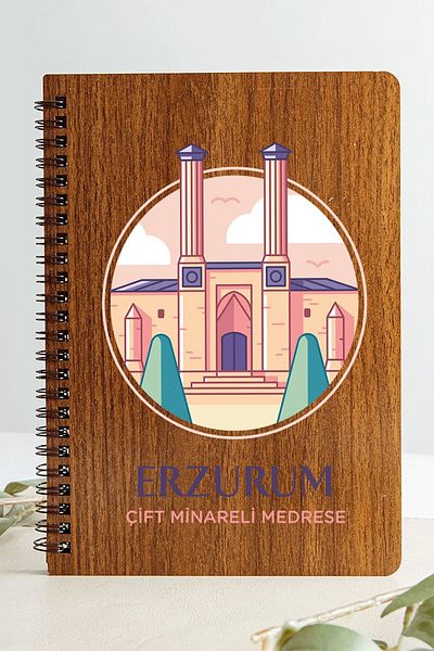 SaltanArt Erzurum Double Mineral Medrese City Design غطاء خشبي دفتر كرافت ورق تصميم خاص هدية