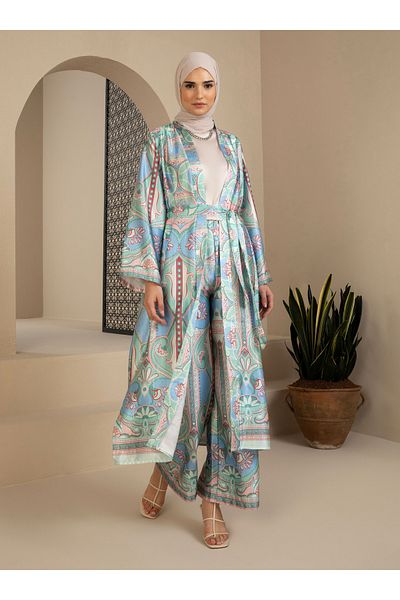 Refka Satin Border Floral Patterned Kimono & Pants Set - Çağla - Refka