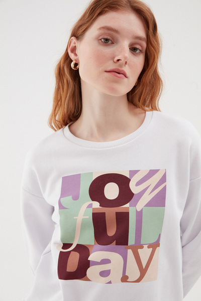 Quzu Baskılı Oversize Sweatshirt Ekru