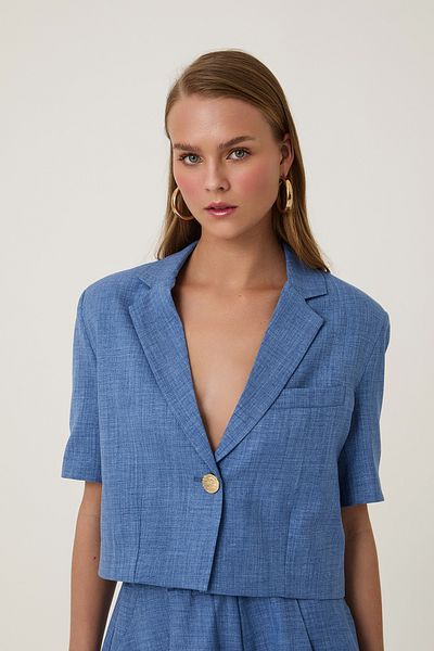 Quzu Padded Crop Blazer Jacket Indigo