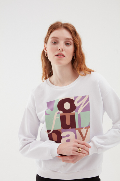 Quzu Baskılı Oversize Sweatshirt Ekru