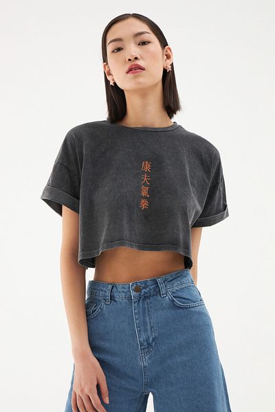 Quzu Back Printed Crop T-Shirt Anthracite