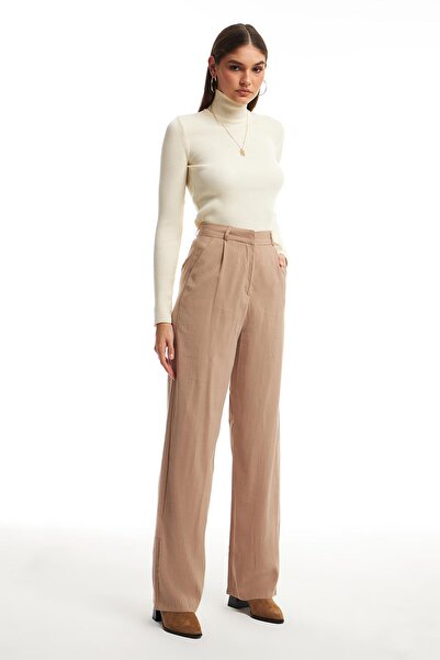 Quzu Bol Paça Kumaş Pantolon Bej
