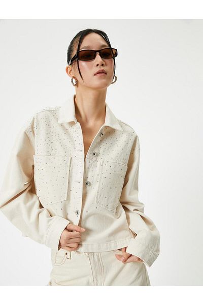 Koton Denim Jacket Comfortable Fit Applique Double Pocket Shirt Collar
