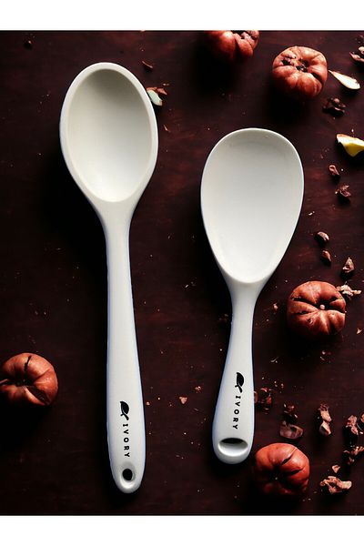 Multiamo Hard Tip Heat Resistant Fireproof Non-Stick Silicone Long Spoon 28 Cm + Short Spoon 22 Cm / 2 Pcs