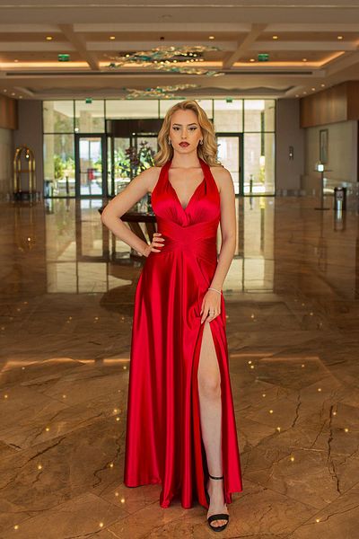 SpringStore Rochie de seara din satin tricotata plisata rosie