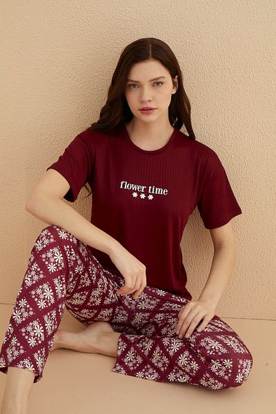 MEBA Set de pijamale cu mânecă scurtă din Lycra pentru femei, roșu Claret, cu modele florale /4