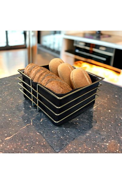 BathFiesta Metal Striped Gold Bread Holder, Stylish Black Fabric Gold Metal Striped Bread Holder