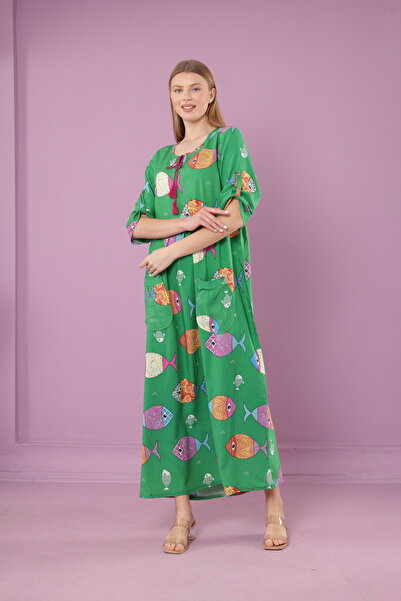 mervemoda Γυναικείο μακρύ φόρεμα με λαιμόκοψη με υφαντό βισκόζη