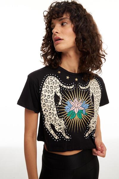 Quzu Γυαλιστερό εμπριμέ μπλουζάκι μαύρο