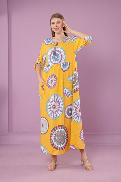 mervemoda Dark Sari - Γυναικείο μακρύ φόρεμα με γιακά βισκόζης με τσέπες