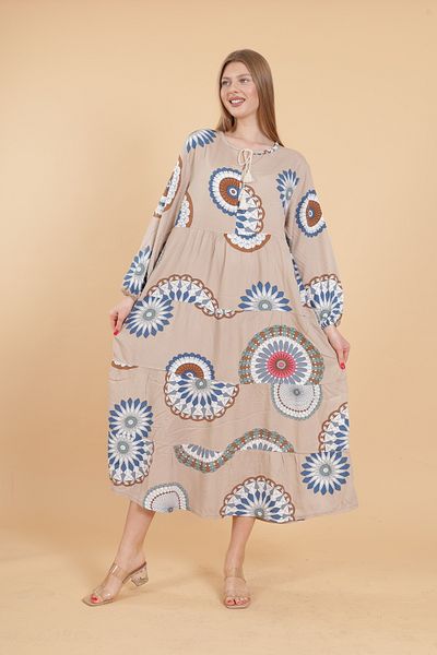 mervemoda Γυναικείο μακρυμάνικο ολόσωμο εμπριμέ υφαντό φόρεμα
