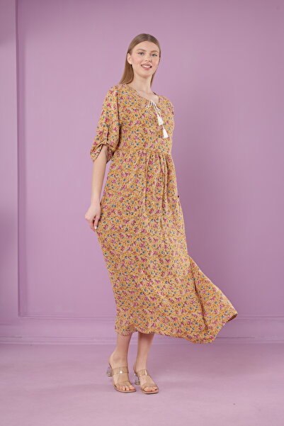 mervemoda Women's woven viscose pocket drop collar long dress