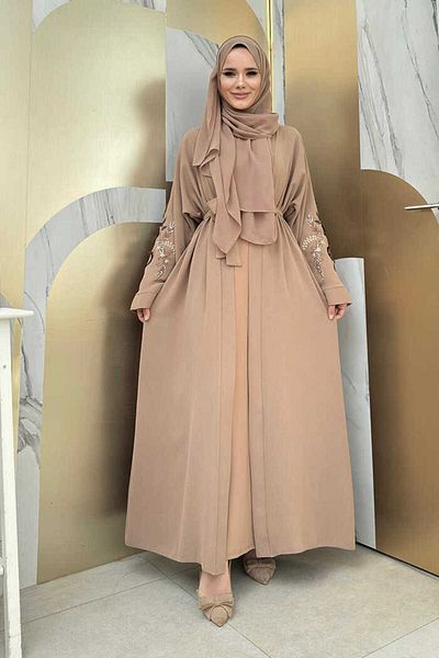 Bym Fashion Mink Abaya - Κεντητό και ζώνη στη μέση 7898