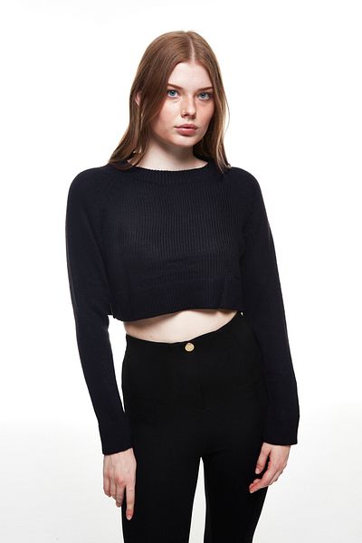 Quzu Crop Knitwear Sweater Black