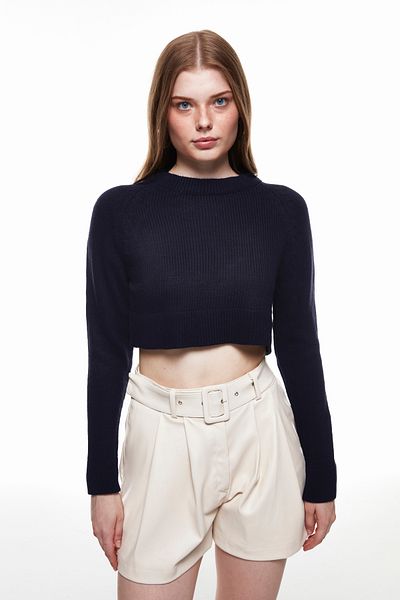 Quzu Crop Knitwear Sweater Navy Blue