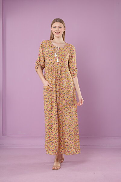 mervemoda Women's woven viscose pocket drop collar long dress