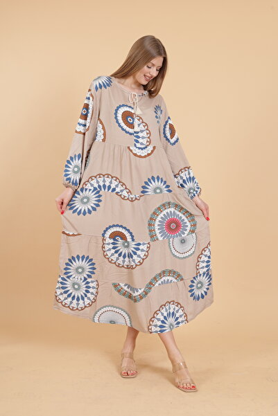 mervemoda Γυναικείο μακρυμάνικο ολόσωμο εμπριμέ υφαντό φόρεμα