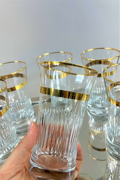 DECOSTYLE Azur Glow Decorated - Gold Striped 6-Piece Glass Soft Drink and Pasabahce Set