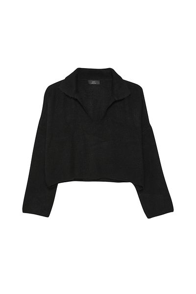 Quzu Shirt Collar Crop Sweater Black